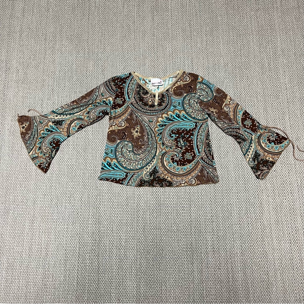 Vintage Girl’s Brown and Teal Paisley Blouse with Bell Sleeves